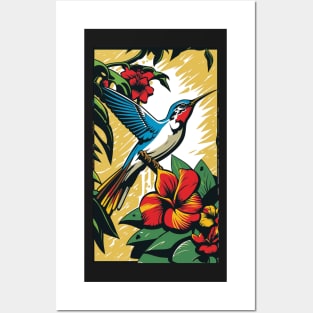 Hummingbird Vibrant Tropical Flower Tall Retro Vintage Digital Pop Art Portrait Posters and Art